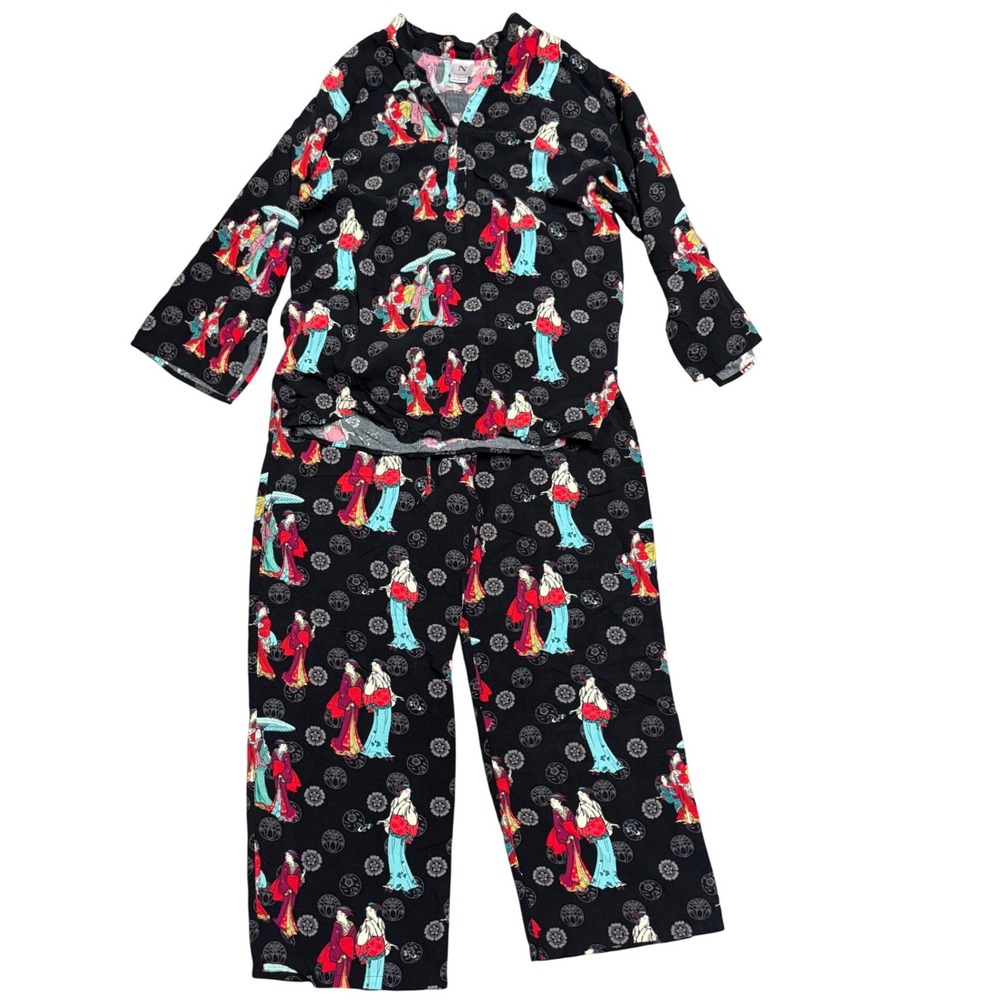 Natori Pajama Set Womens Small Black Geisha Floral Rayon 2pc Loungewear PJs